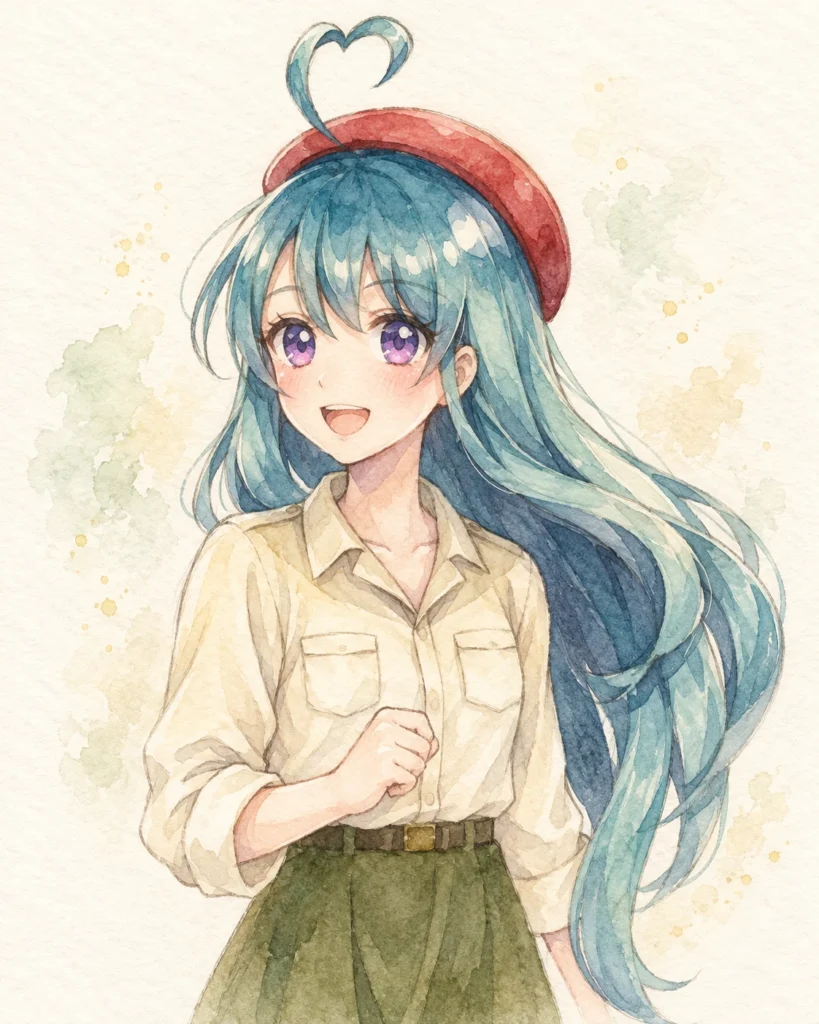 赤いベレー帽と青緑の髪のCarino。原画をもとにした水彩アレンジ。